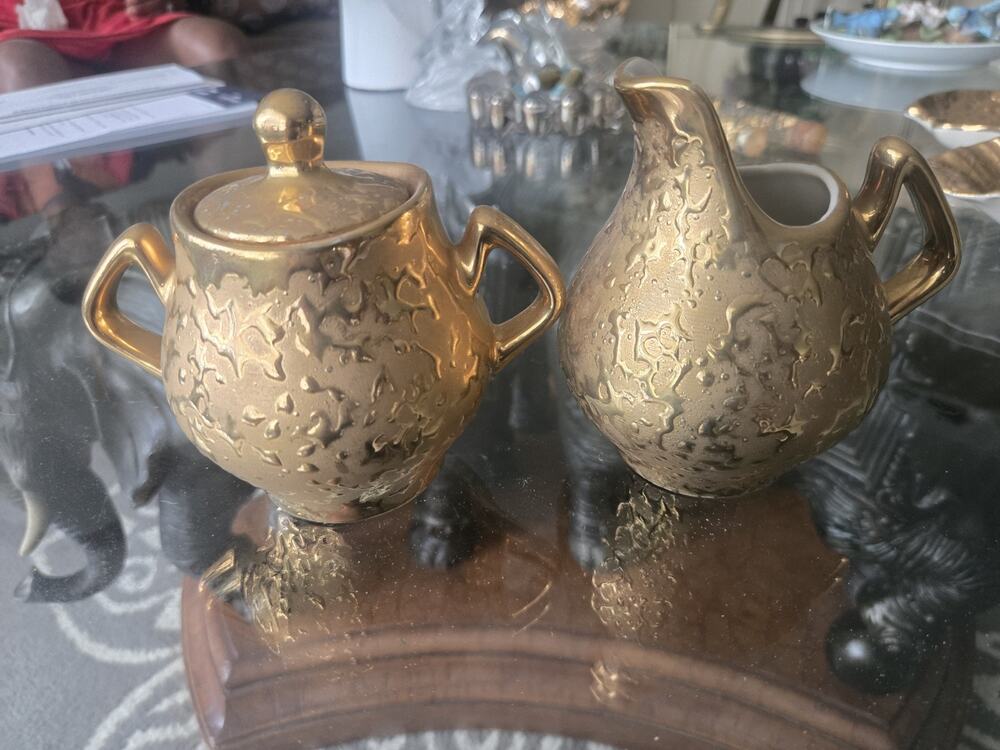 Vintage 1950's Weeping Bright 22 K Gold Hand Painted Cream and Sugar Set